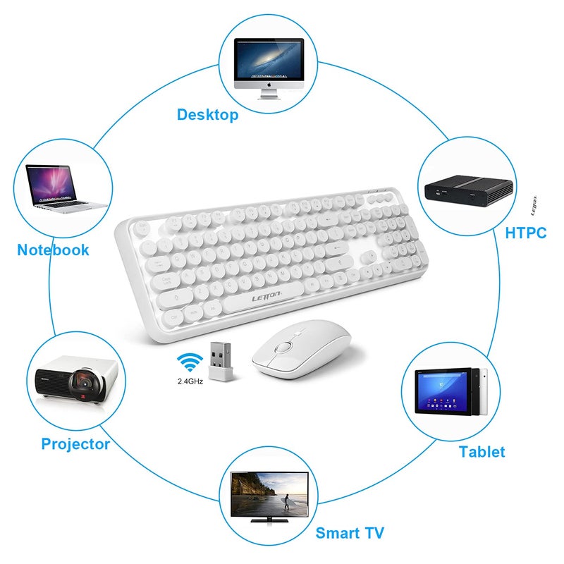 Letton Wireless Keyboard Mouse Combo, 2.4GHz Wireless White Keyboard with 104 Retro Typewriter Keycaps,Letton Full Size Keyboard and Cute Mouse with 3 DPI for Computer PC Desktop Laptop - Image 5